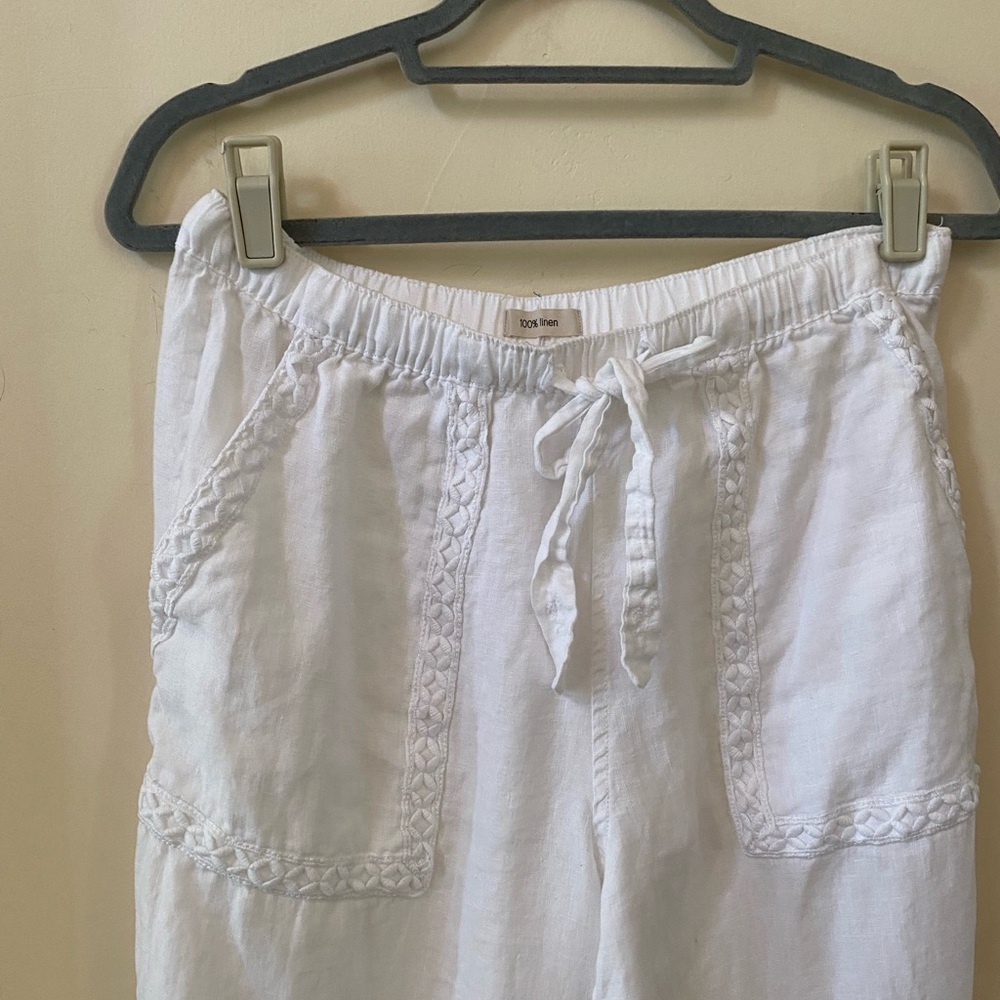100% Linen White Wide Leg Lattice Eyelet Pants Drawstring Waist M - Picture 3 of 8